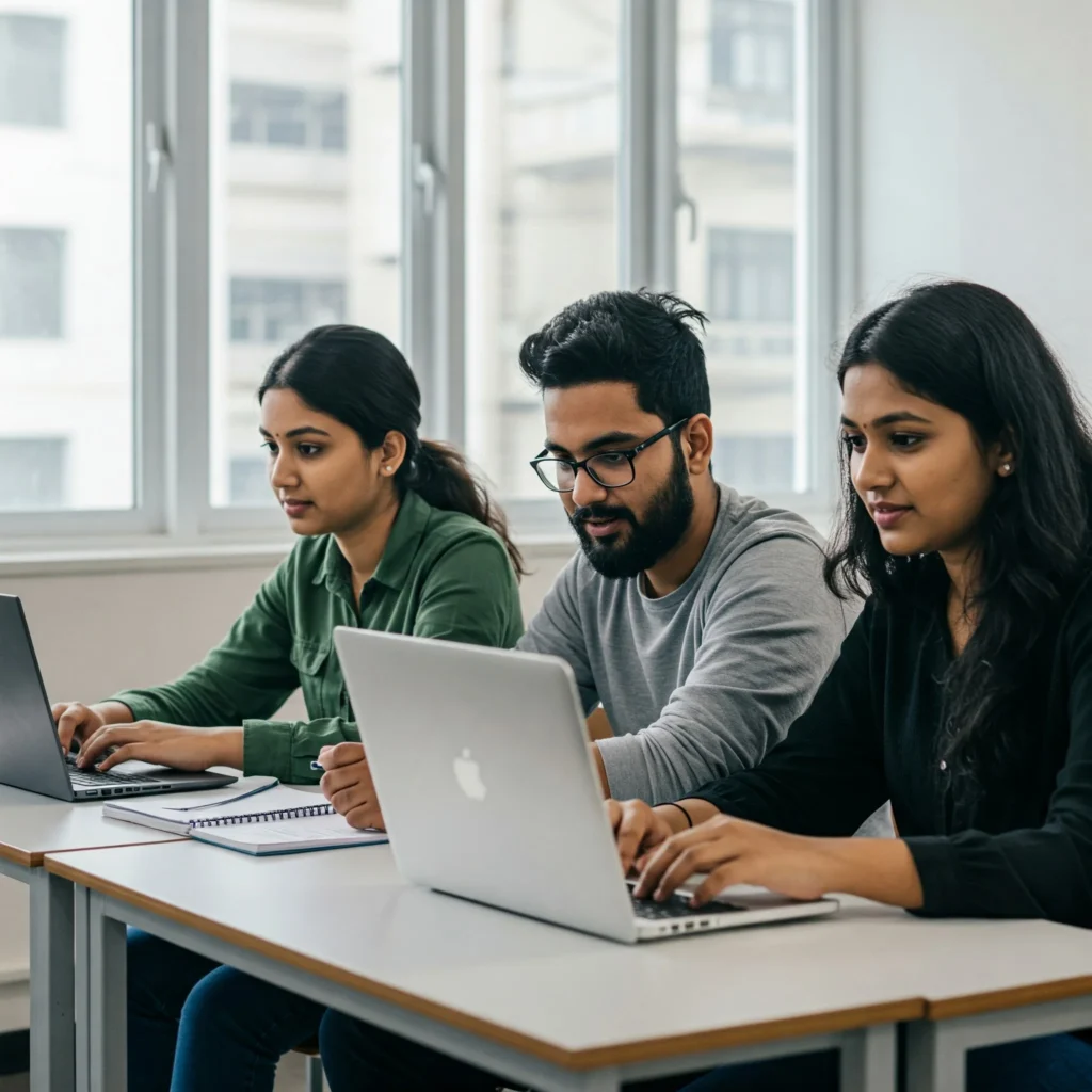 Team personalizing content using AI in edu marketing.