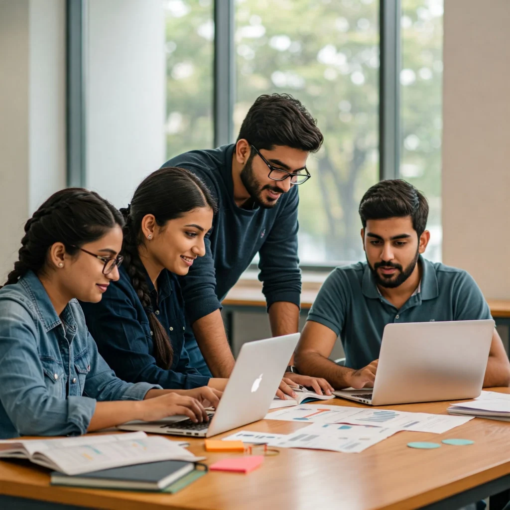 Team using AI in edu marketing.