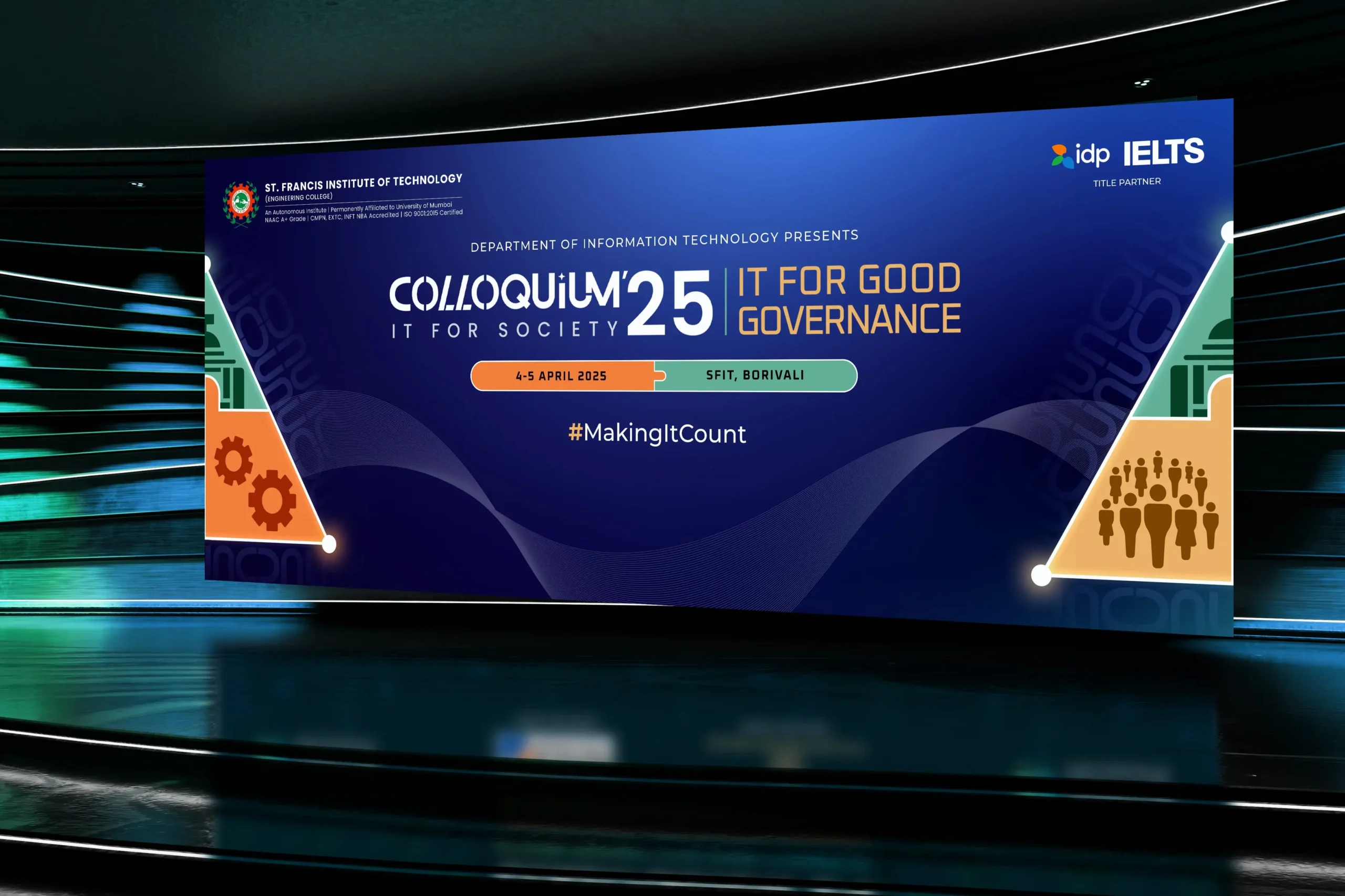 Colloquium 2025 stage backdrop mockup made by EvolvEd at St. Francis Institute of Technology, Borivali.