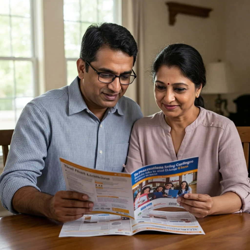 Parents looking at well designed college brochures.