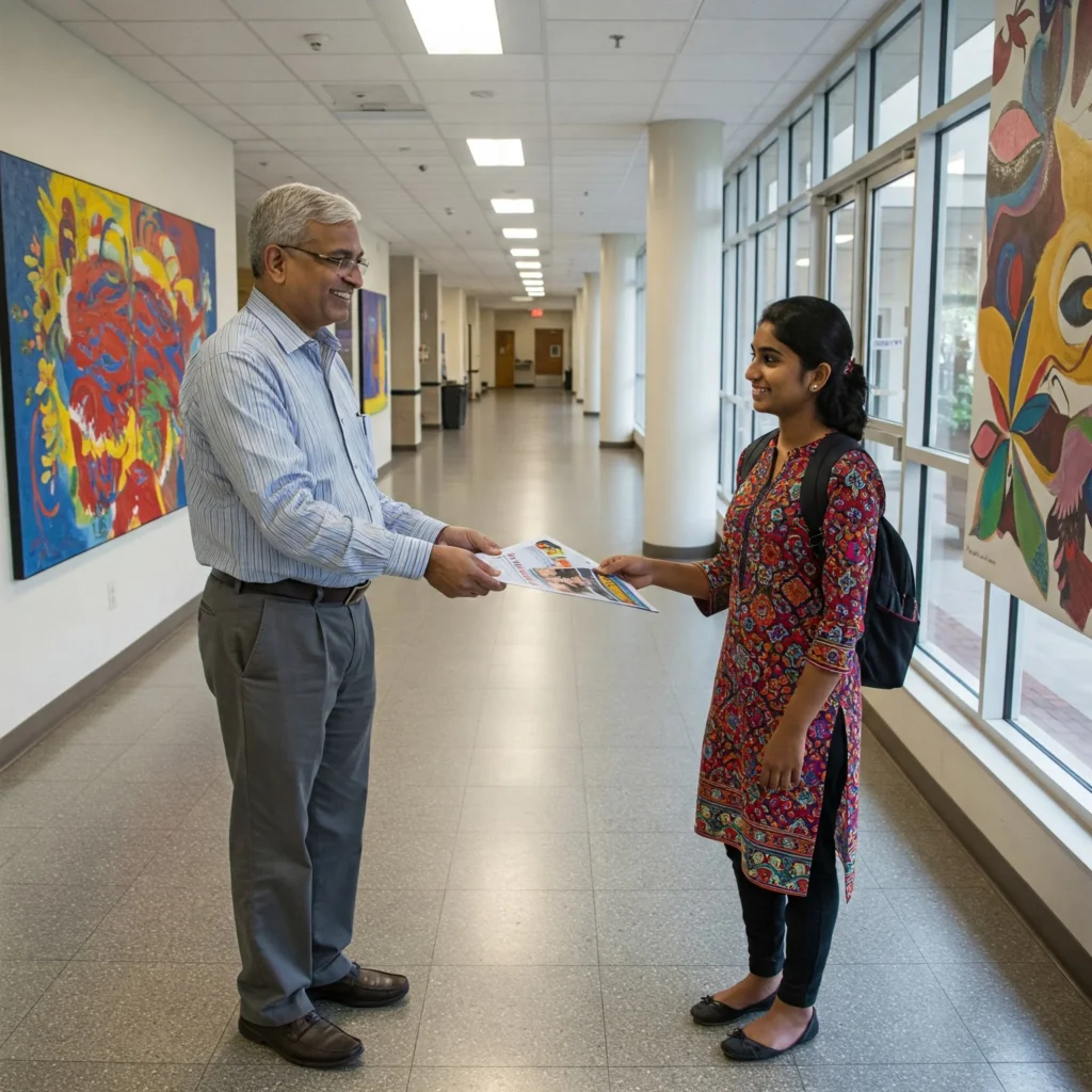 Professor handing out college brochure to student.