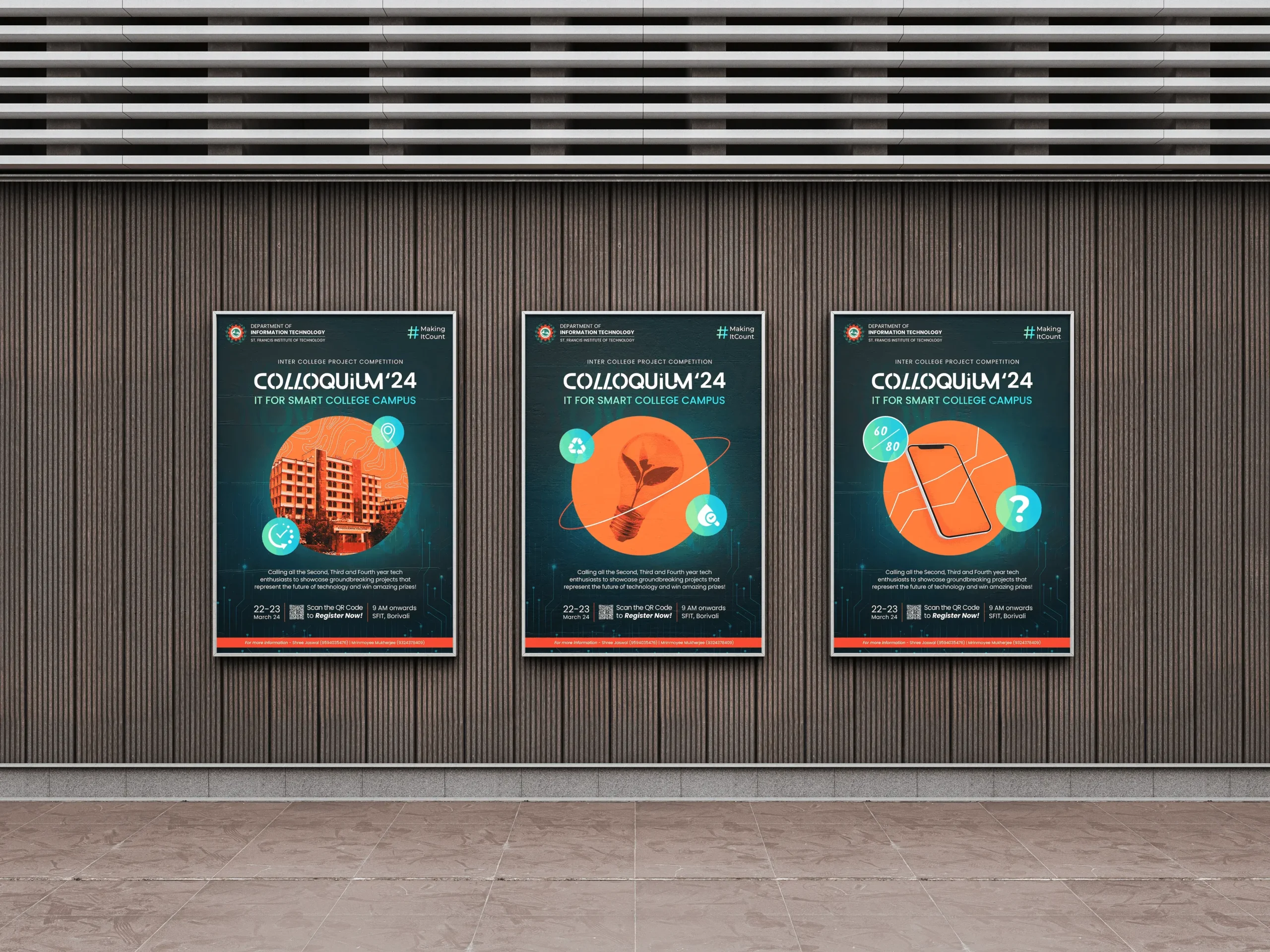 Colloquium 2024 posters put up on wall for publicity showing higher ed branding and strategy.