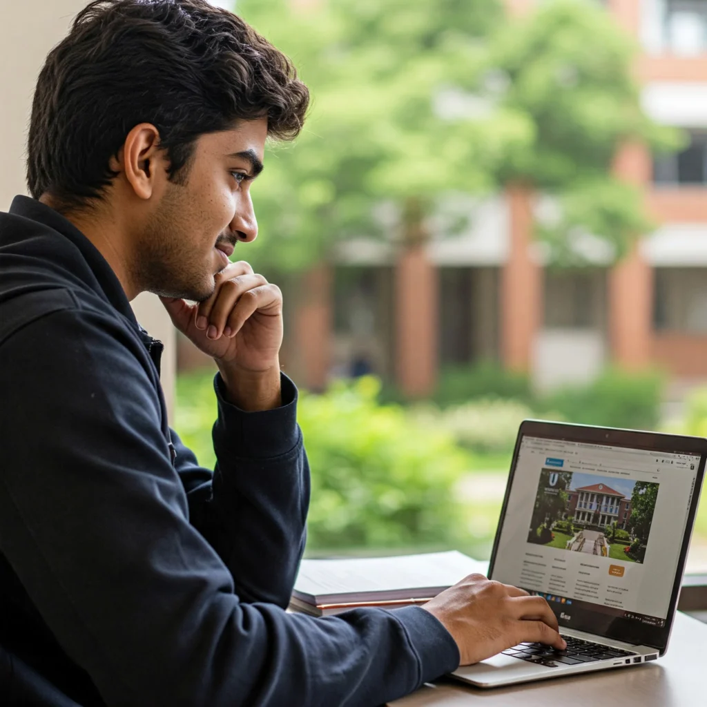 Student checking website of memorable education brand.