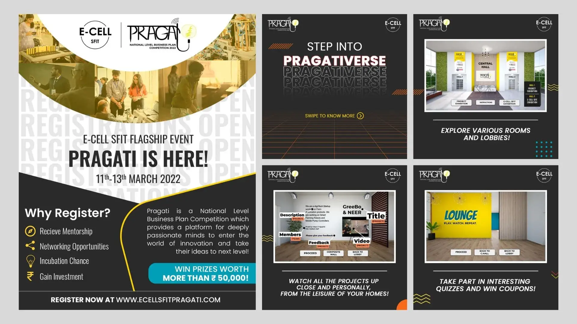 Posters and social media posts for E-Cell SFIT flagship event.