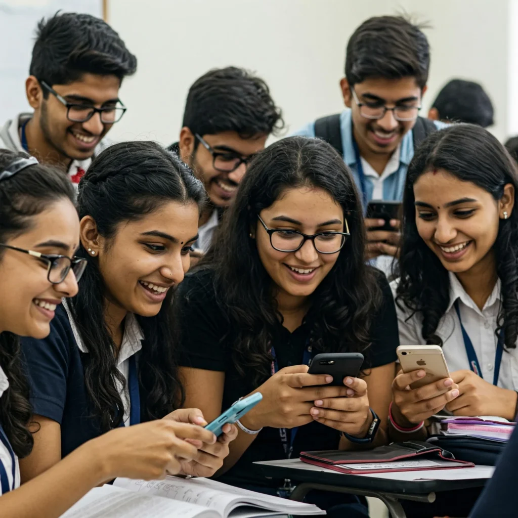 Gen Z students using phones showing importance of social media strategies for higher ed.