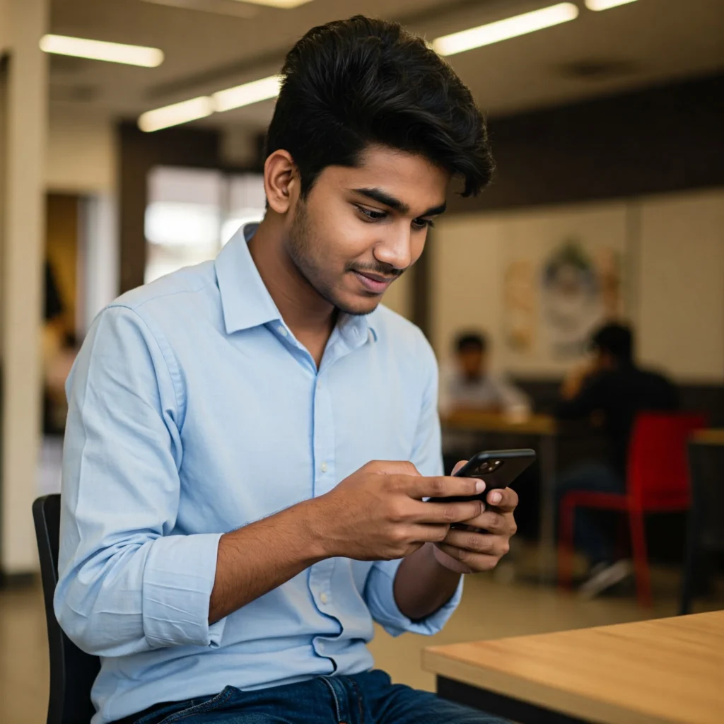 Student using phone to search colleges on Instagram.